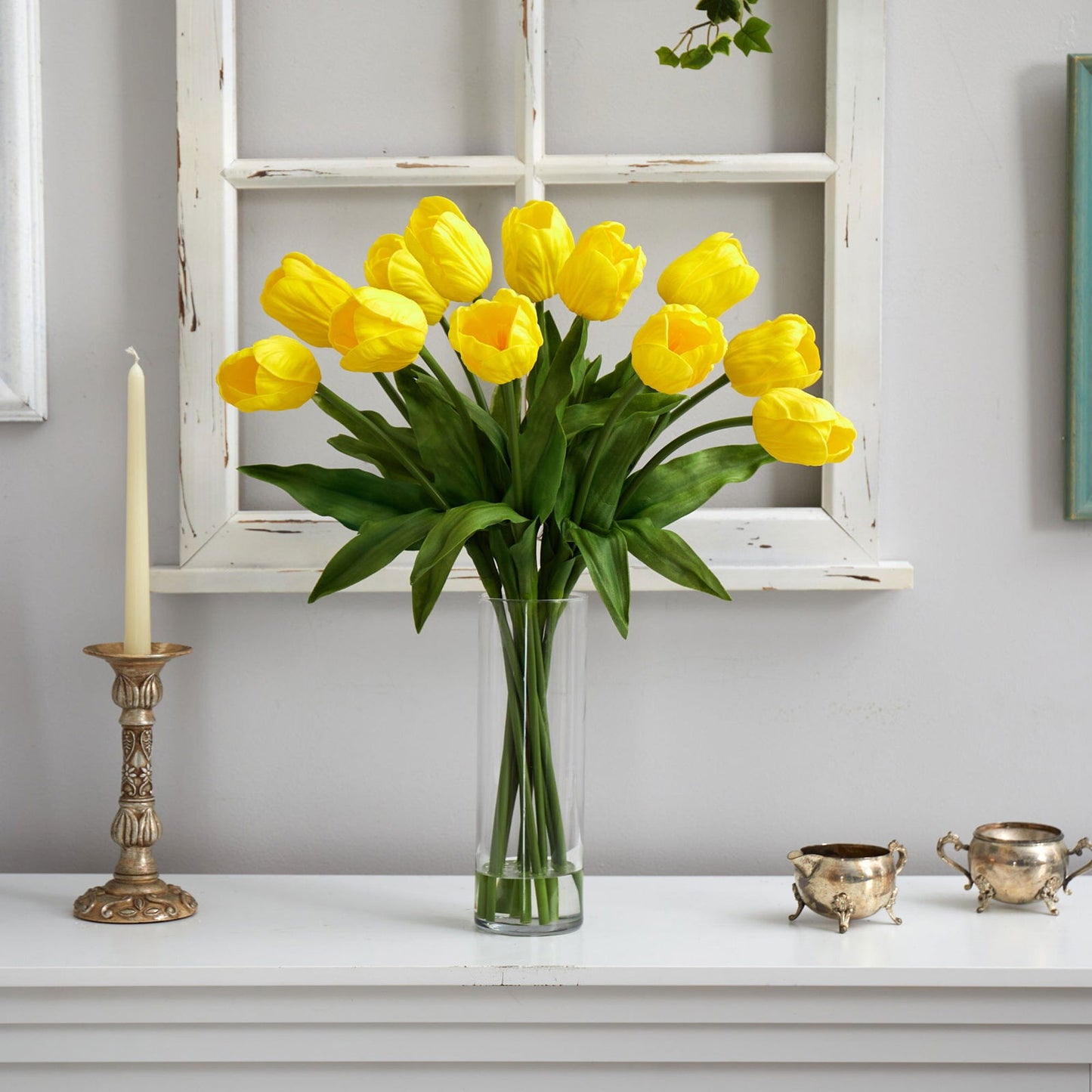 23” Artificial Tulip Arrangement with Cylinder Glass Vase - Rivour Home