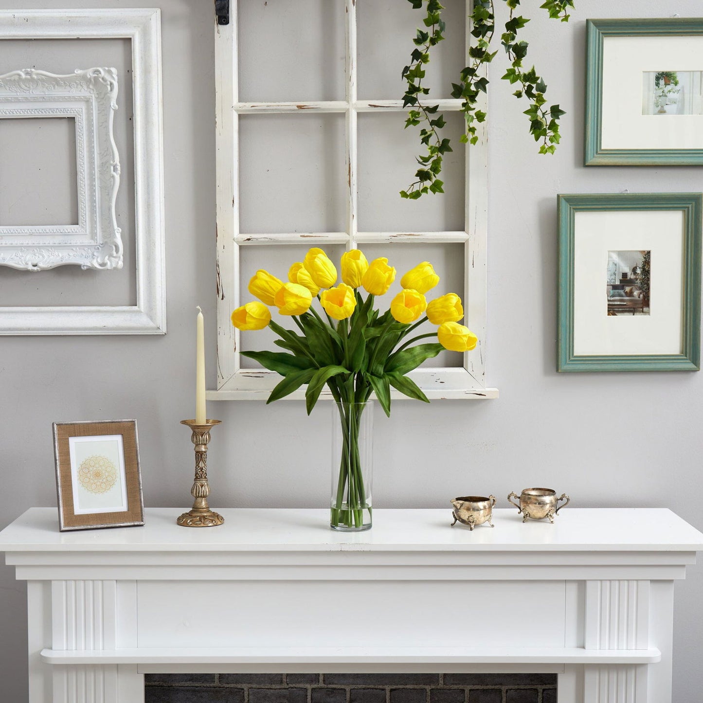 23” Artificial Tulip Arrangement with Cylinder Glass Vase - Rivour Home