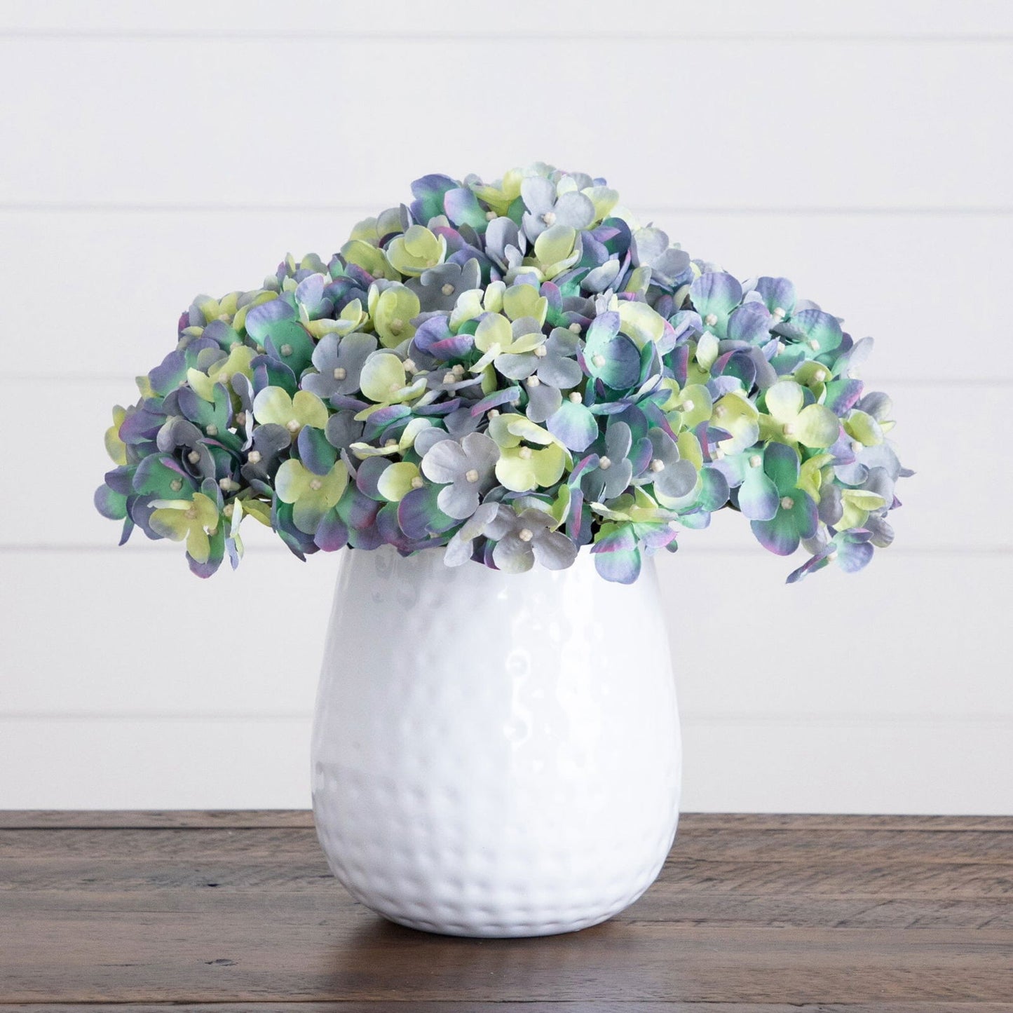 11” Artificial Hydrangea Arrangement in White Metal Vase - Rivour Home