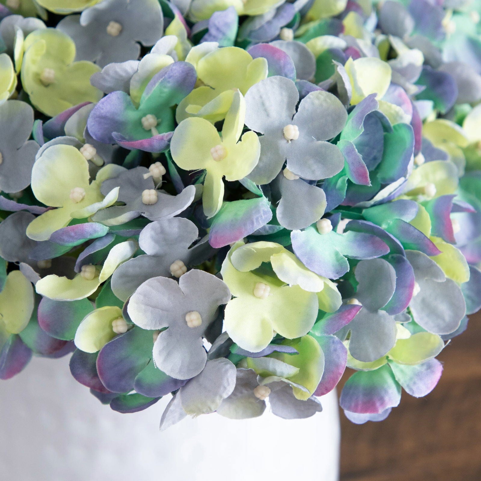 11” Artificial Hydrangea Arrangement in White Metal Vase - Rivour Home