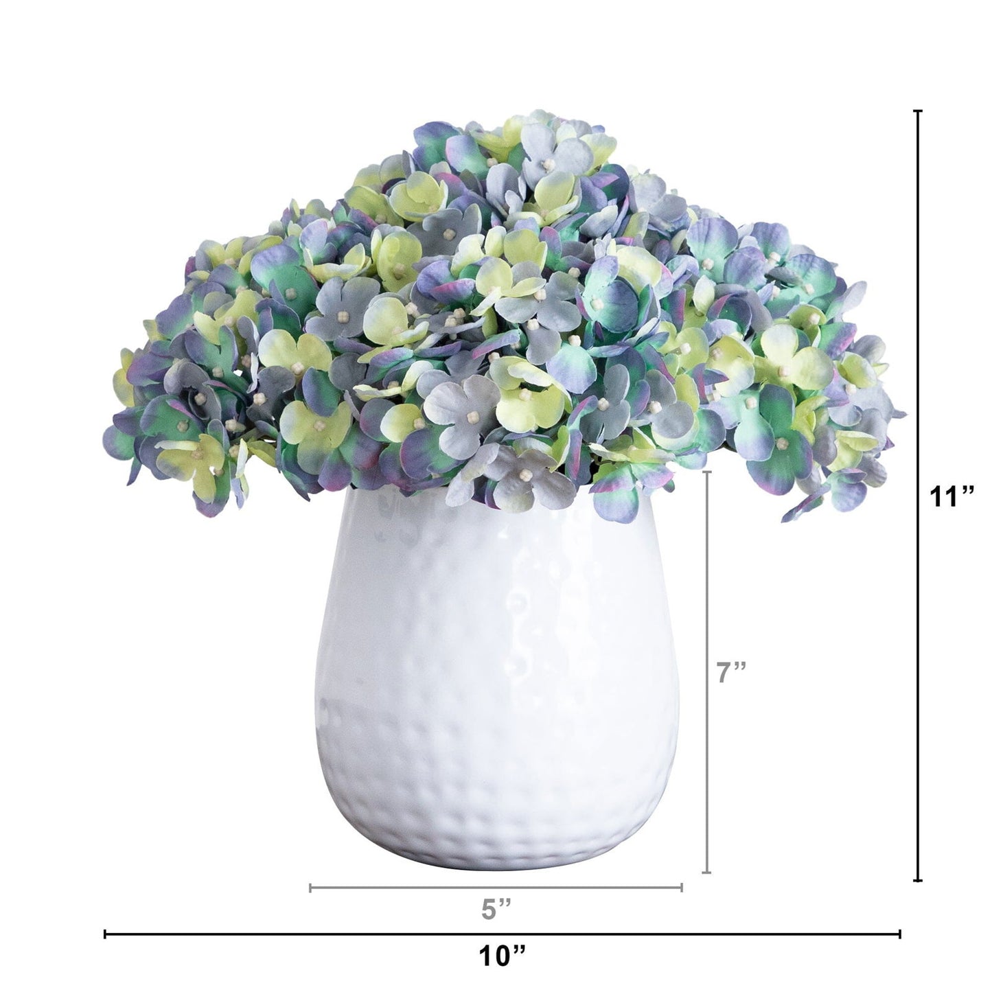 11” Artificial Hydrangea Arrangement in White Metal Vase - Rivour Home