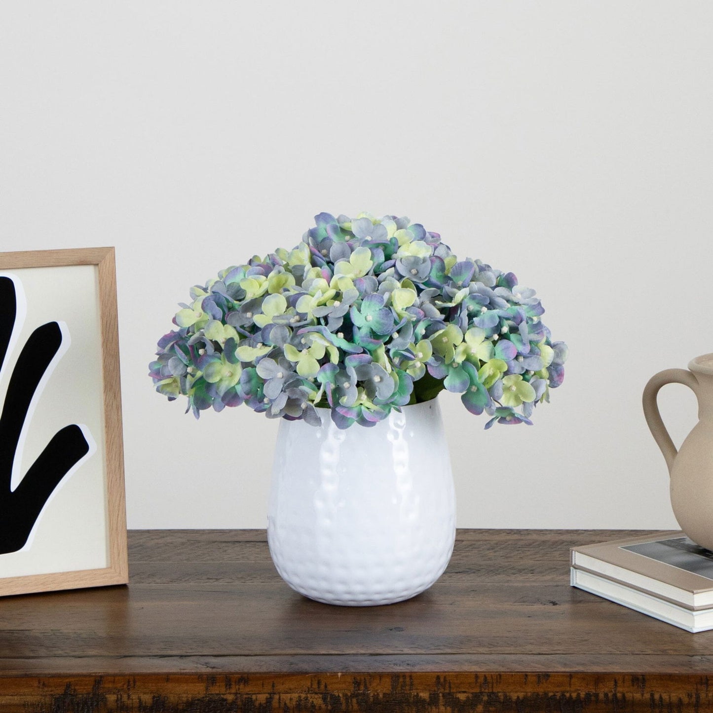 11” Artificial Hydrangea Arrangement in White Metal Vase - Rivour Home