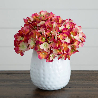 11” Artificial Hydrangea Arrangement in White Metal Vase - Rivour Home