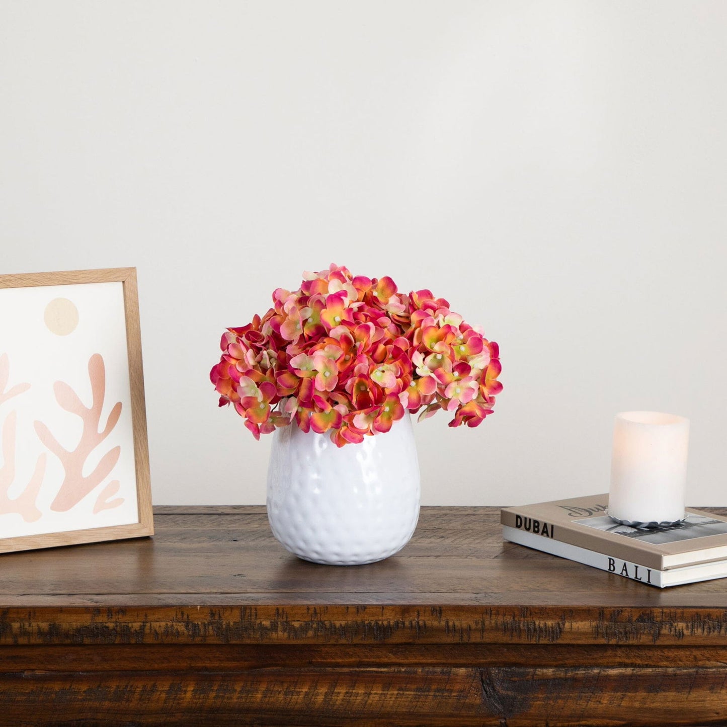11” Artificial Hydrangea Arrangement in White Metal Vase - Rivour Home