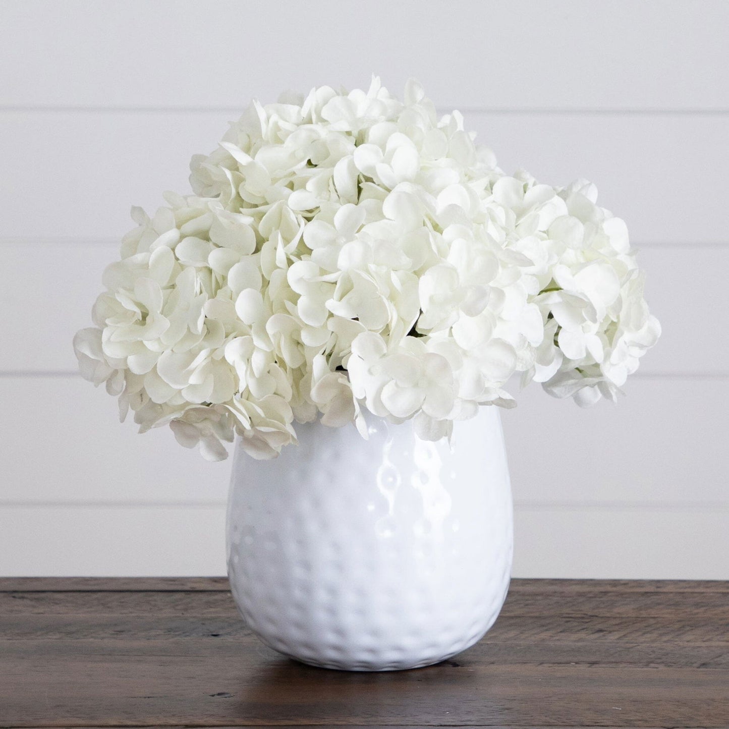 11” Artificial Hydrangea Arrangement in White Metal Vase - Rivour Home