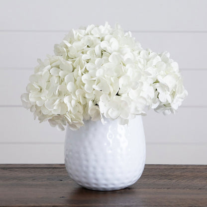 11” Artificial Hydrangea Arrangement in White Metal Vase - Rivour Home