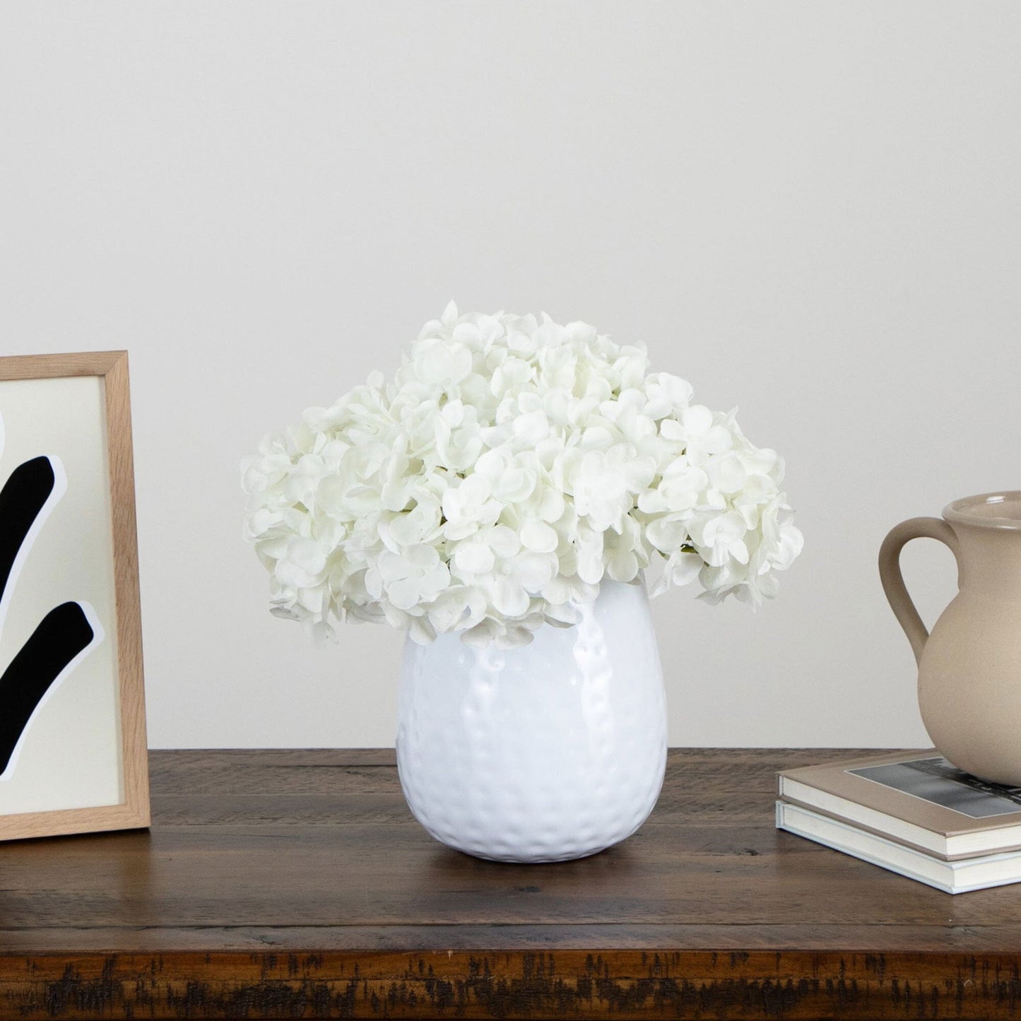 11” Artificial Hydrangea Arrangement in White Metal Vase - Rivour Home