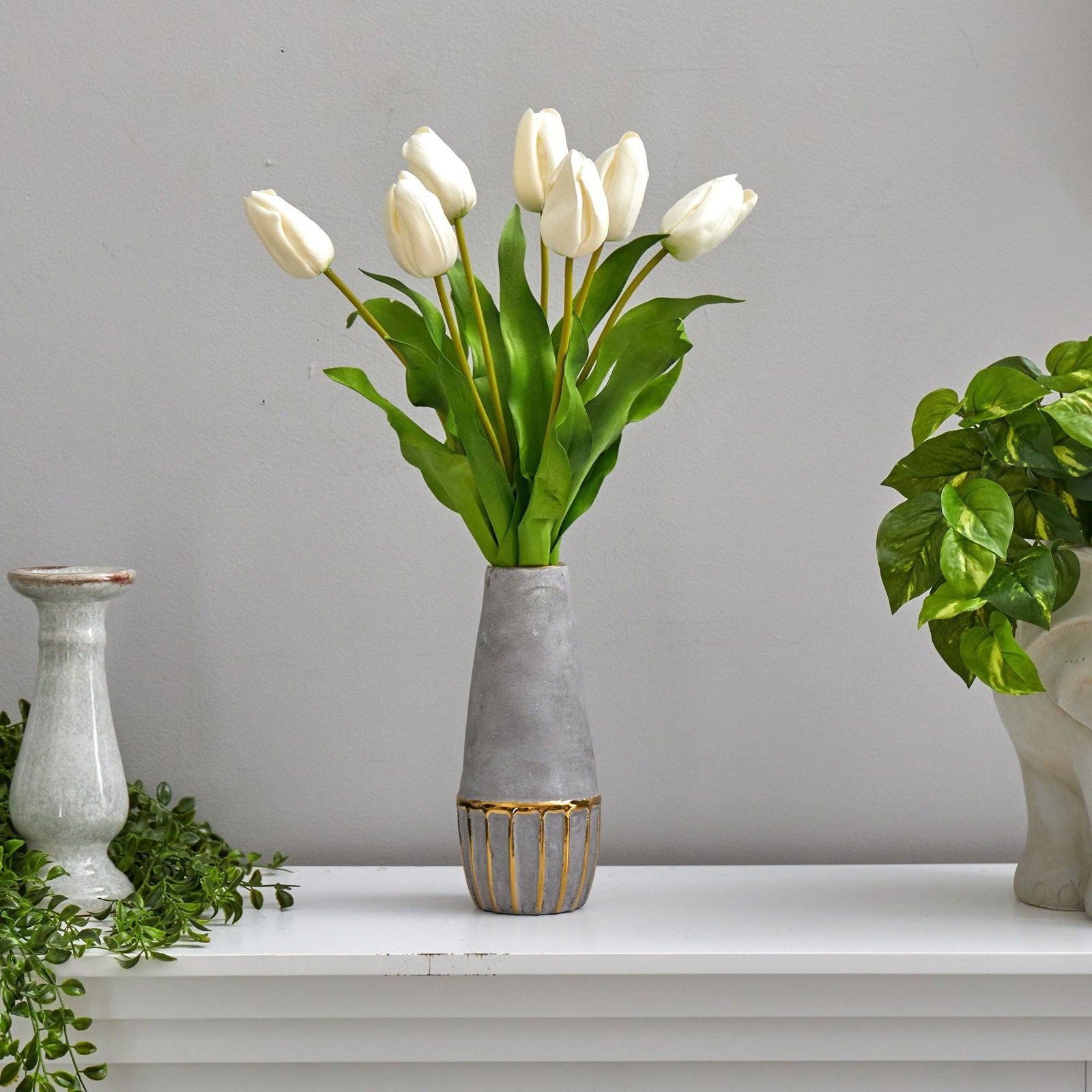 22” Dutch Tulip Artificial Arrangement in Stoneware Vase with Gold Trimming - Rivour Home