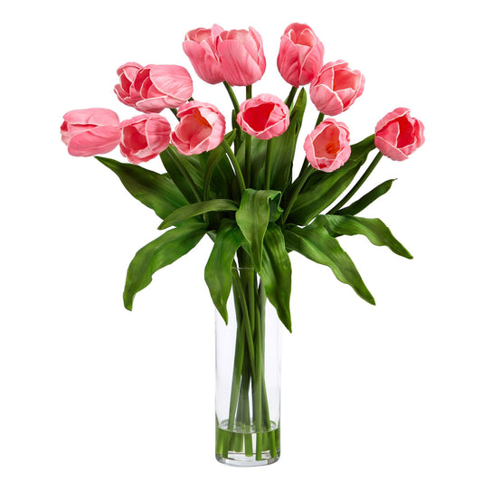 23” Artificial Tulip  Arrangement with Cylinder Glass Vase - Rivour Home
