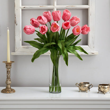 23” Artificial Tulip  Arrangement with Cylinder Glass Vase - Rivour Home