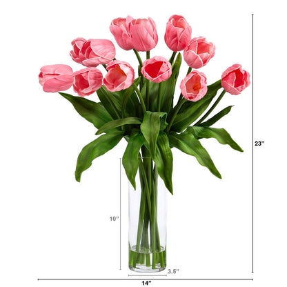 23” Artificial Tulip  Arrangement with Cylinder Glass Vase - Rivour Home