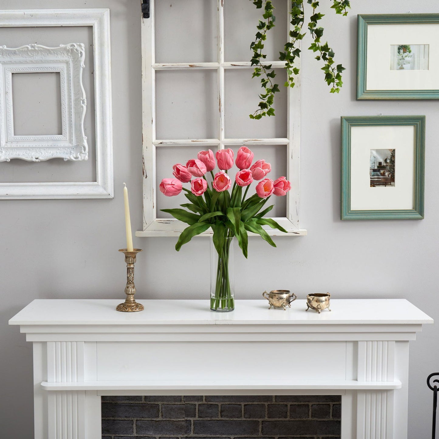 23” Artificial Tulip  Arrangement with Cylinder Glass Vase - Rivour Home