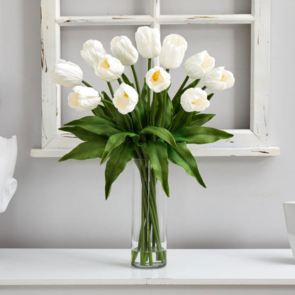 23” Artificial Tulip  Arrangement with Cylinder Glass Vase - Rivour Home