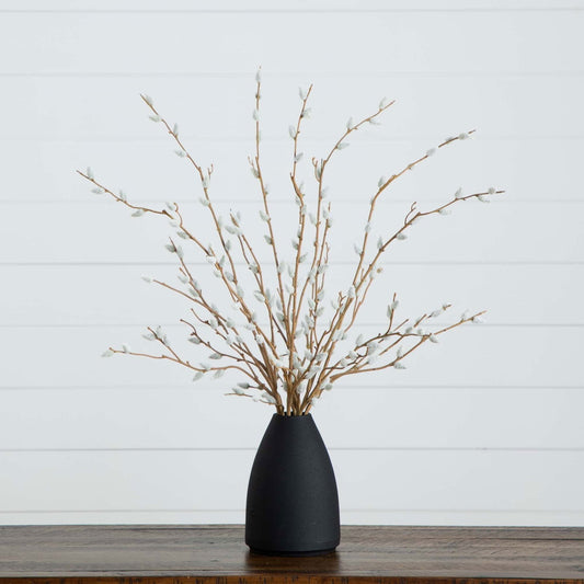 28” Artificial Pussy Willow Arrangement in Modern Metal Black Vase - Rivour Home