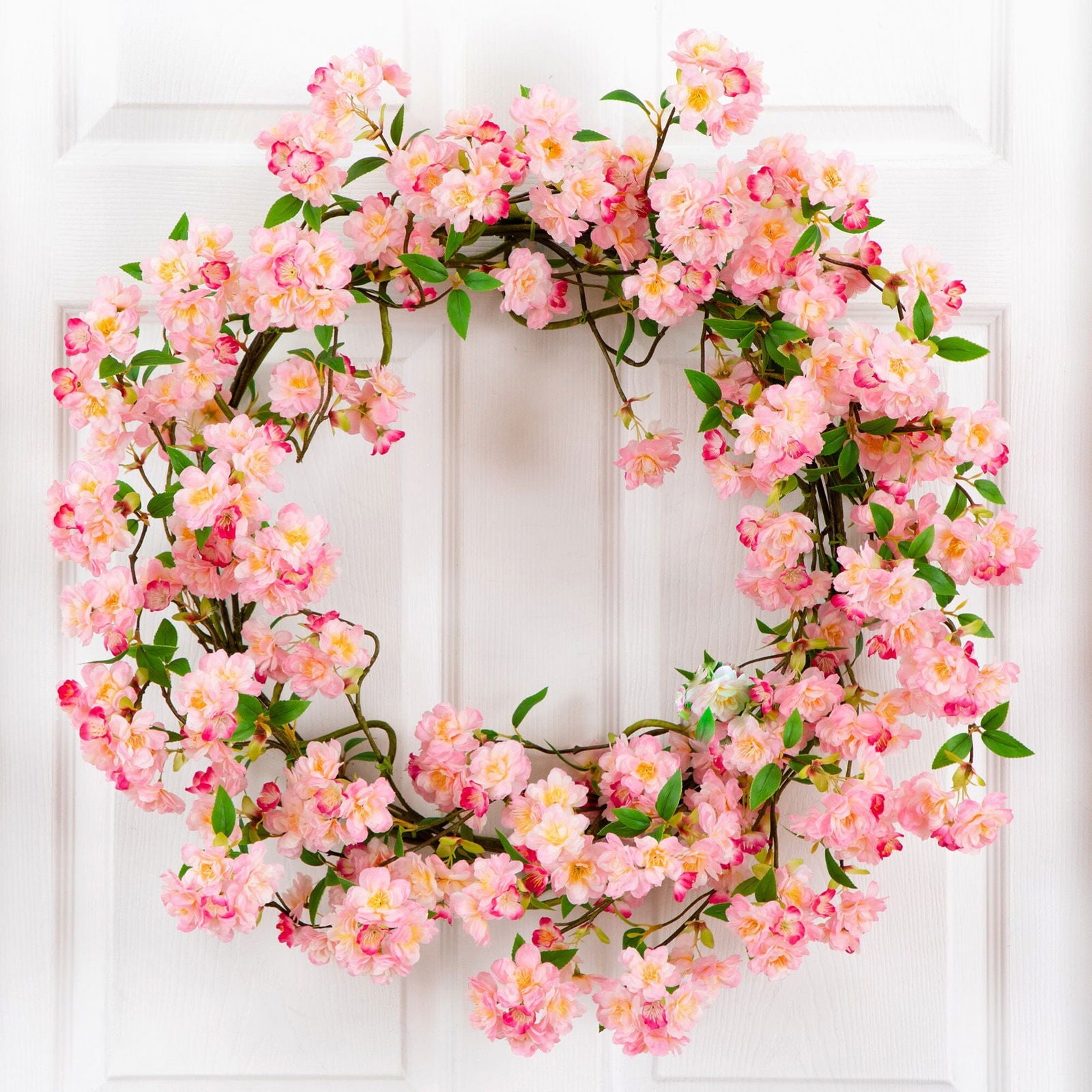 30” Artificial Pink Cherry Blossom Wreath - Rivour Home