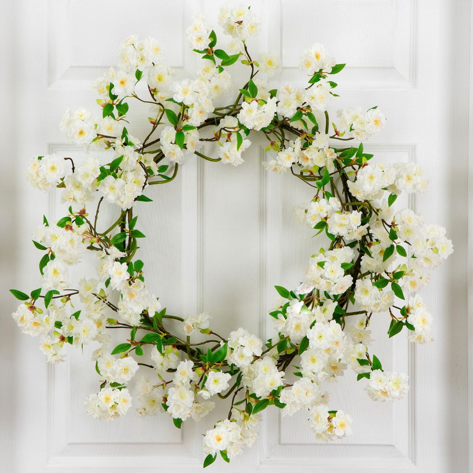 30” Artificial White Cherry Blossom Wreath - Rivour Home