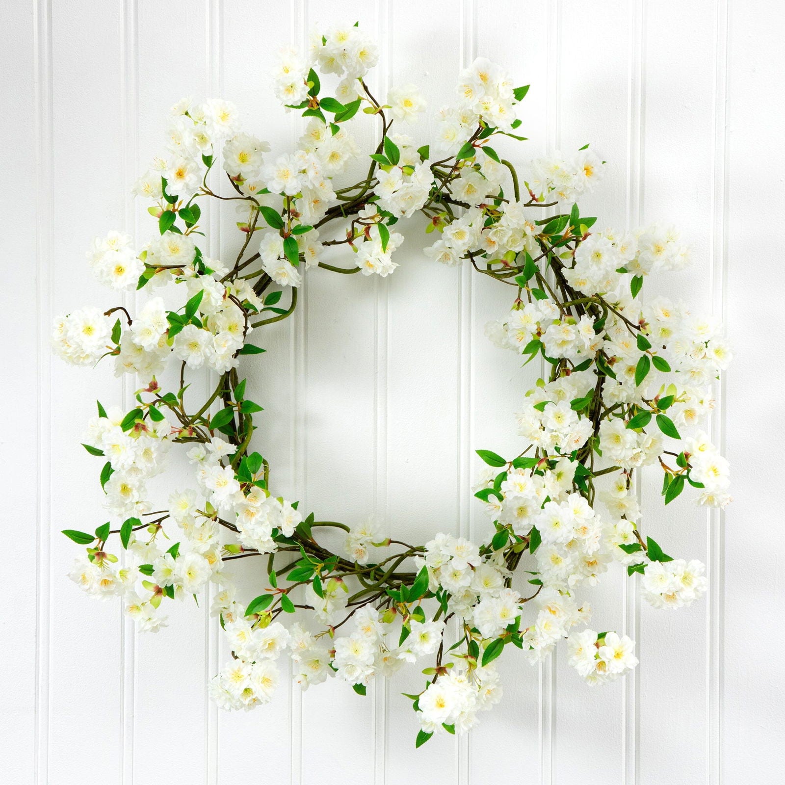 30” Artificial White Cherry Blossom Wreath - Rivour Home