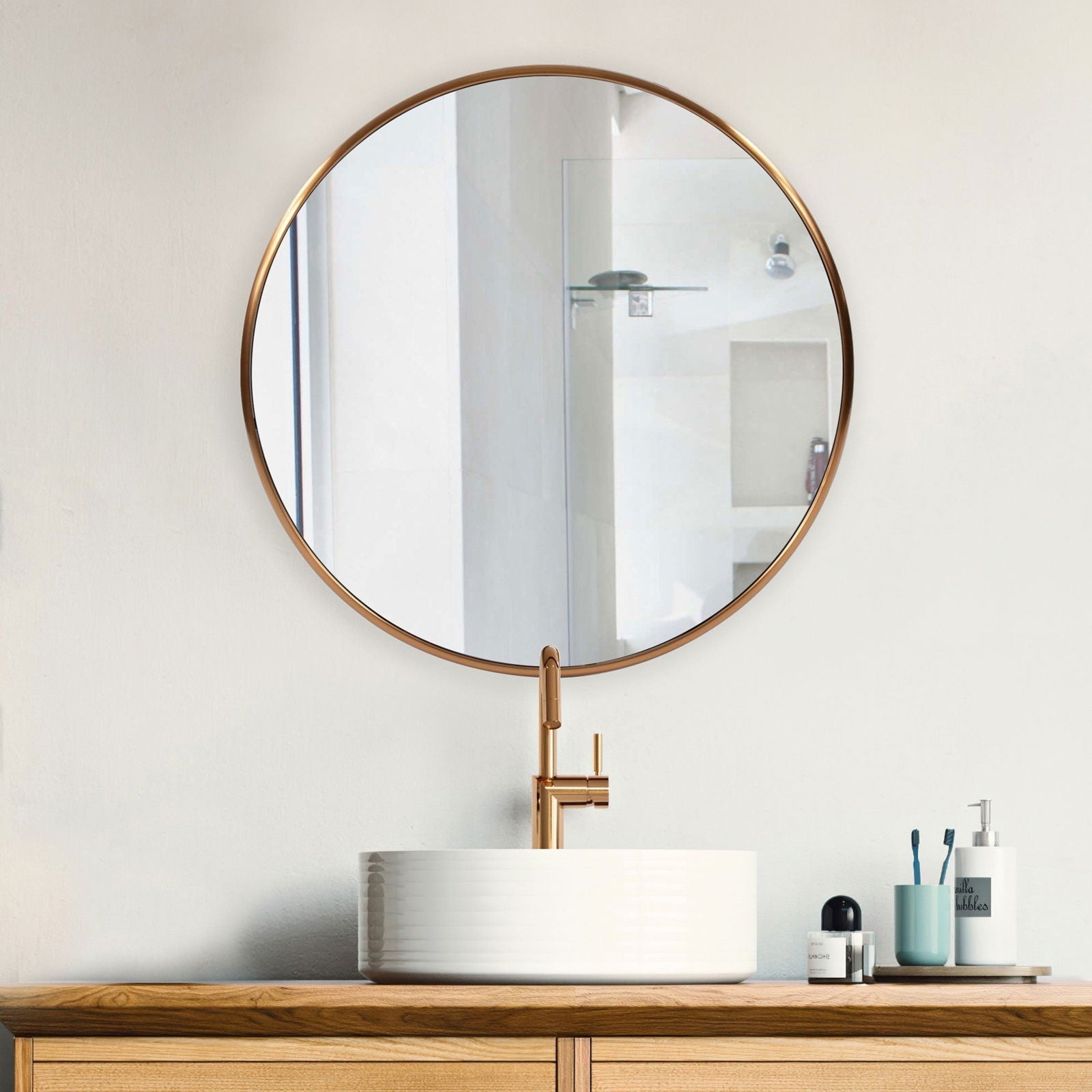 32" Antiqued Brushed Brass Round Wall Mirror - Rivour Home