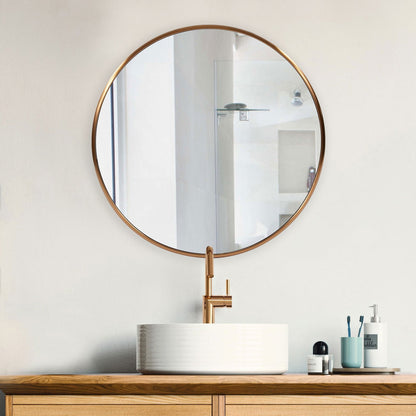 32" Antiqued Brushed Brass Round Wall Mirror - Rivour Home