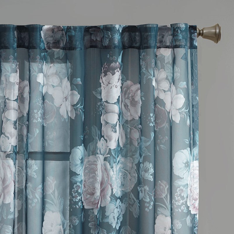 Simone Printed Floral Rod Pocket and Back Tab Voile Sheer Curtain