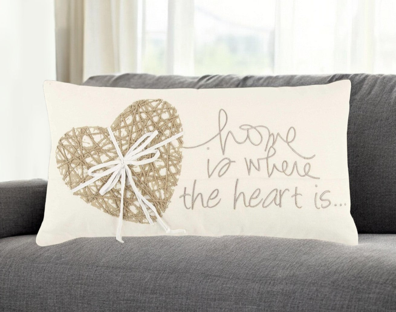 11" X 21" Ivory Home is Where the Heart Is Throw Pillow With Embroidery