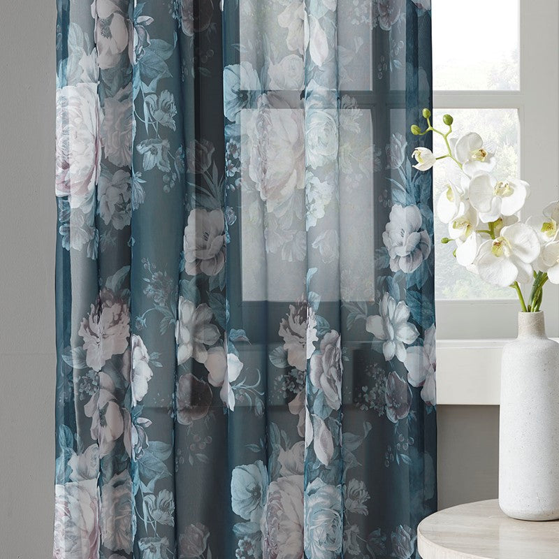 Simone Printed Floral Rod Pocket and Back Tab Voile Sheer Curtain