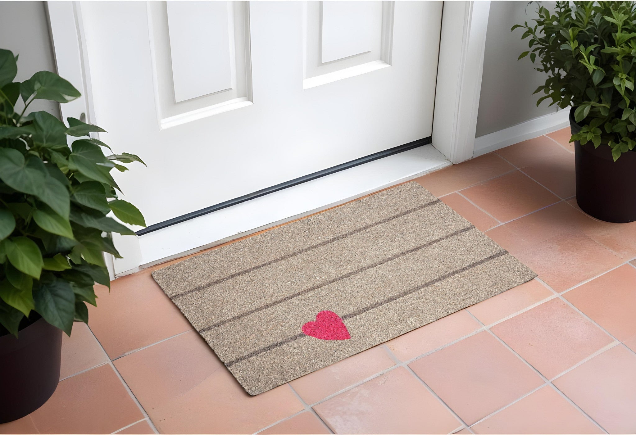 17" X 29" Gray and Pink Coir Heart and Stripe Outdoor Door Mat