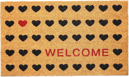 17" X 29" Natural and Black Coir Heart Welcome Door Mat