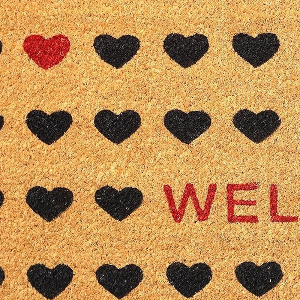 17" X 29" Natural and Black Coir Heart Welcome Door Mat