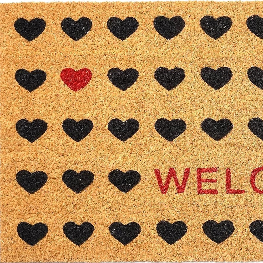 17" X 29" Natural and Black Coir Heart Welcome Door Mat