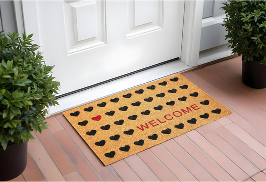 17" X 29" Natural and Black Coir Heart Welcome Door Mat