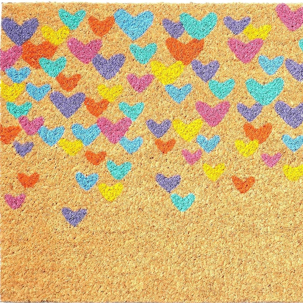 17" X 29" Natural Blue and Yellow Coir Heart Door Mat