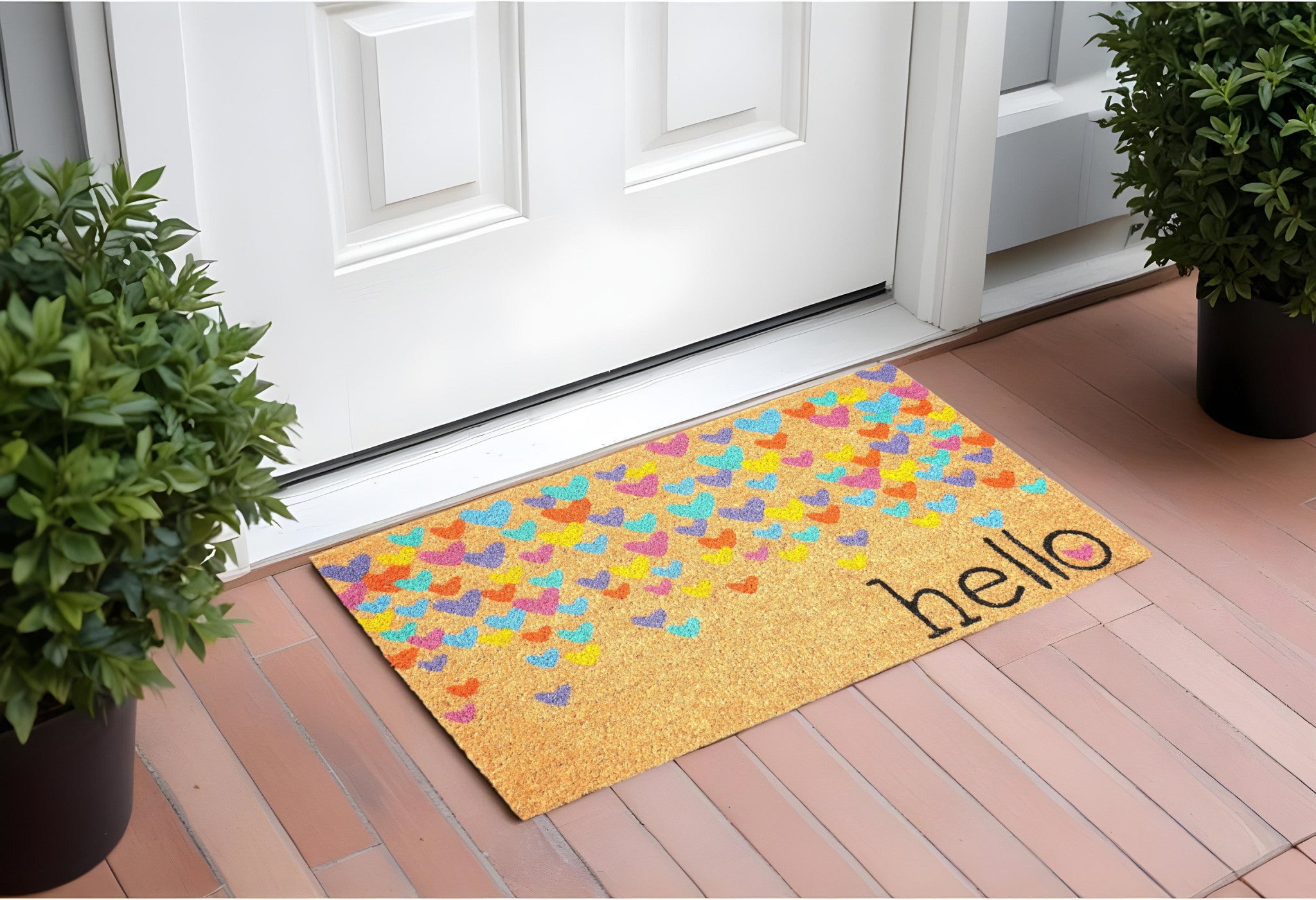 17" X 29" Natural Blue and Yellow Coir Heart Door Mat