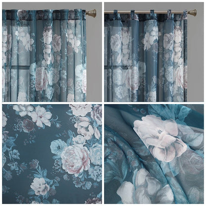 Simone Printed Floral Rod Pocket and Back Tab Voile Sheer Curtain