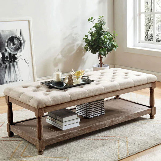 Button Tufted Fabric Upholstered Table With Bottom Shelf - Rivour Home