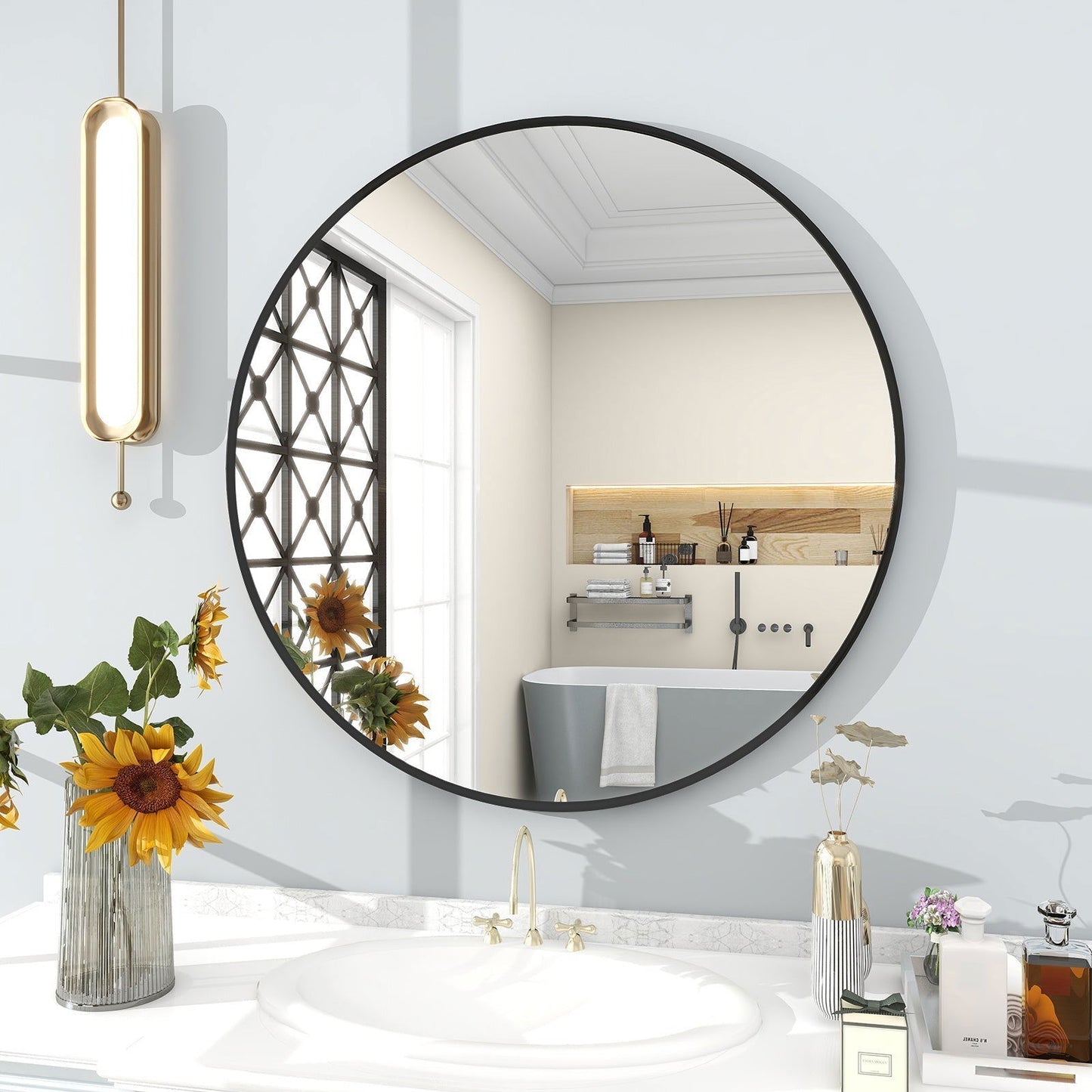Elegant 24" Black Round Wall Mirror with Aluminum Frame - Rivour Home