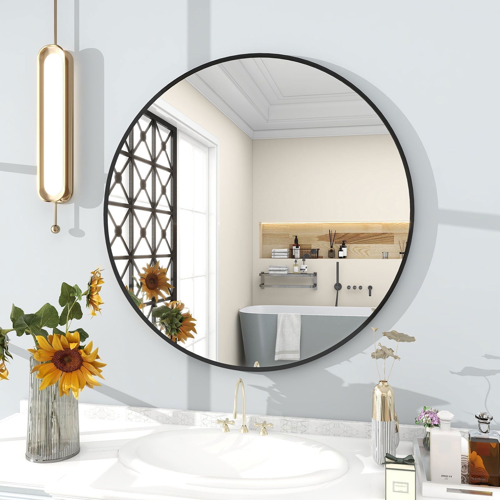 Elegant 24" Black Round Wall Mirror with Aluminum Frame - Rivour Home