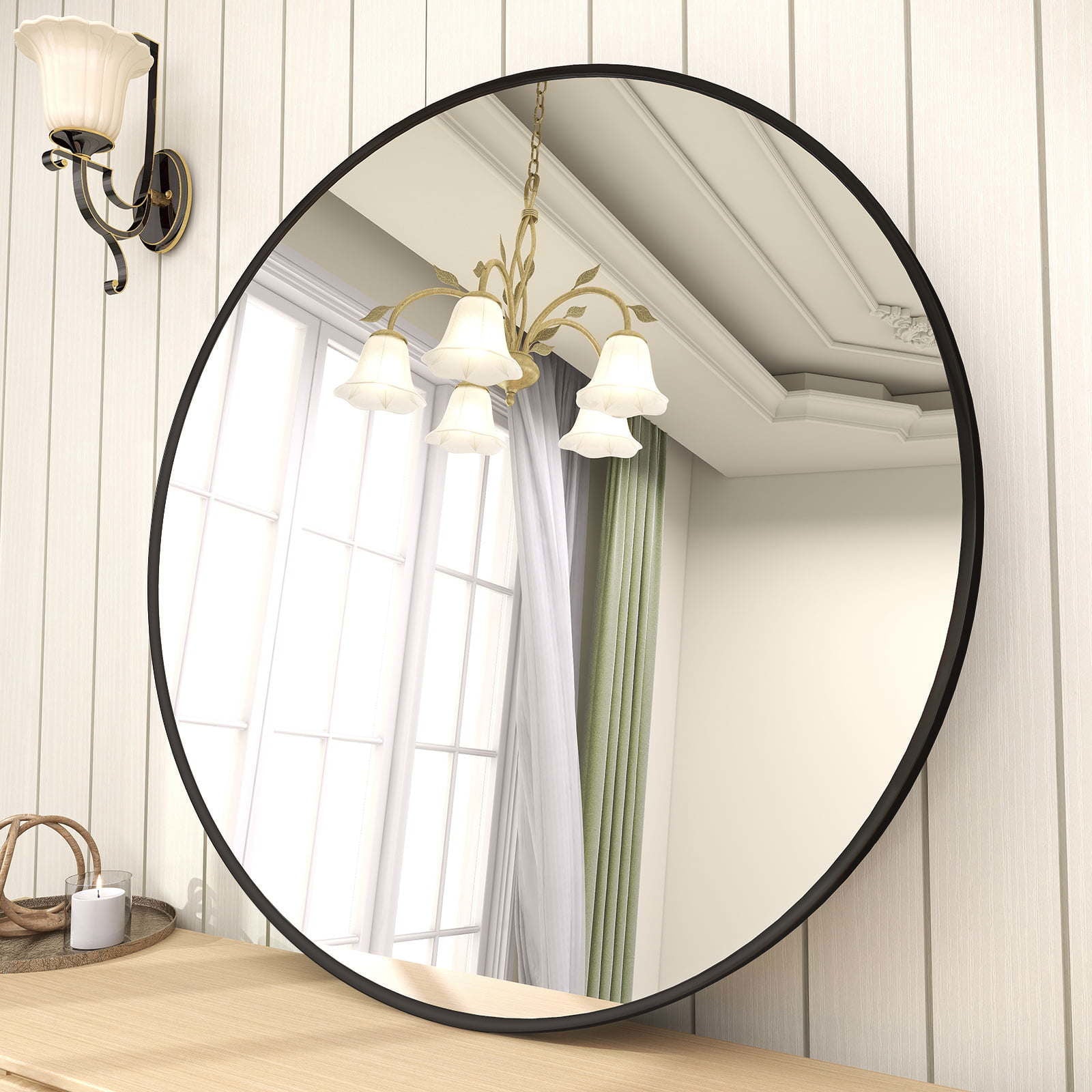 Elegant 24" Black Round Wall Mirror with Aluminum Frame - Rivour Home