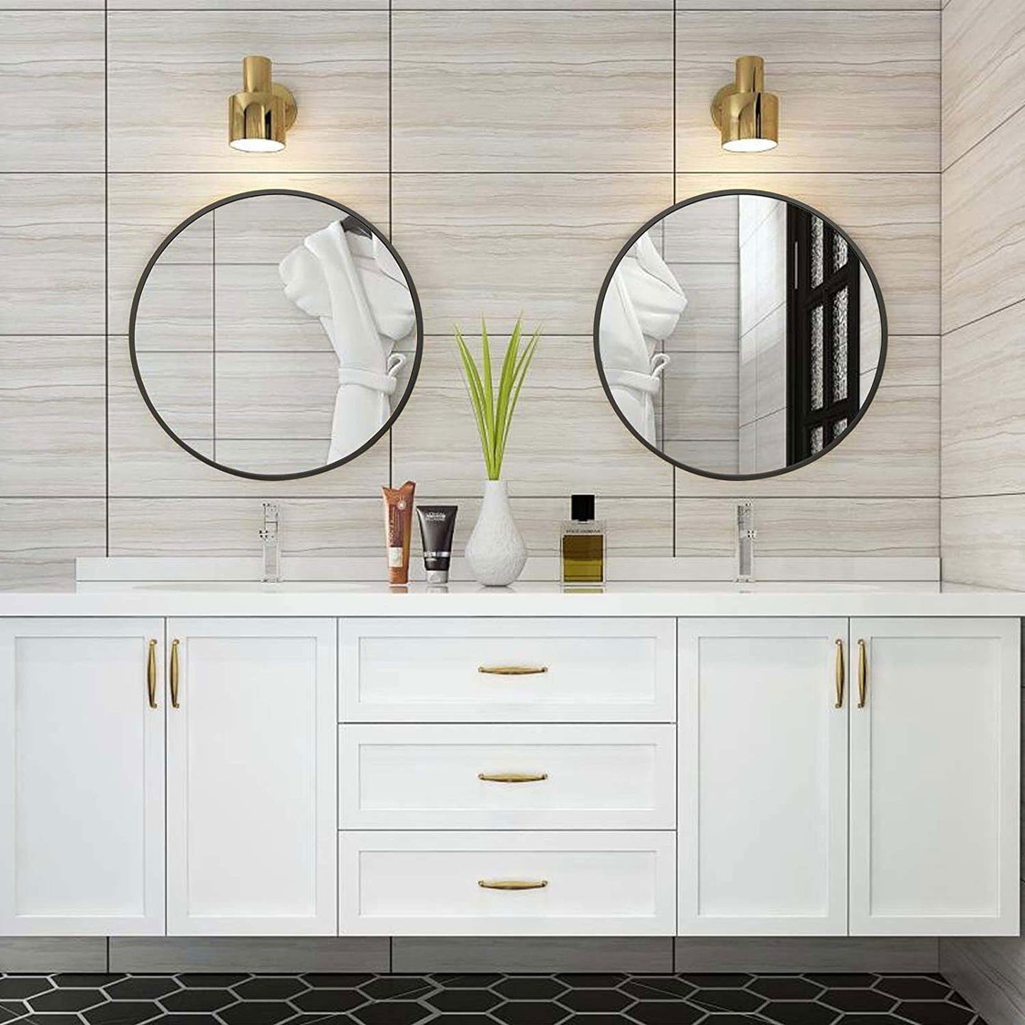 Elegant 24" Black Round Wall Mirror with Aluminum Frame - Rivour Home