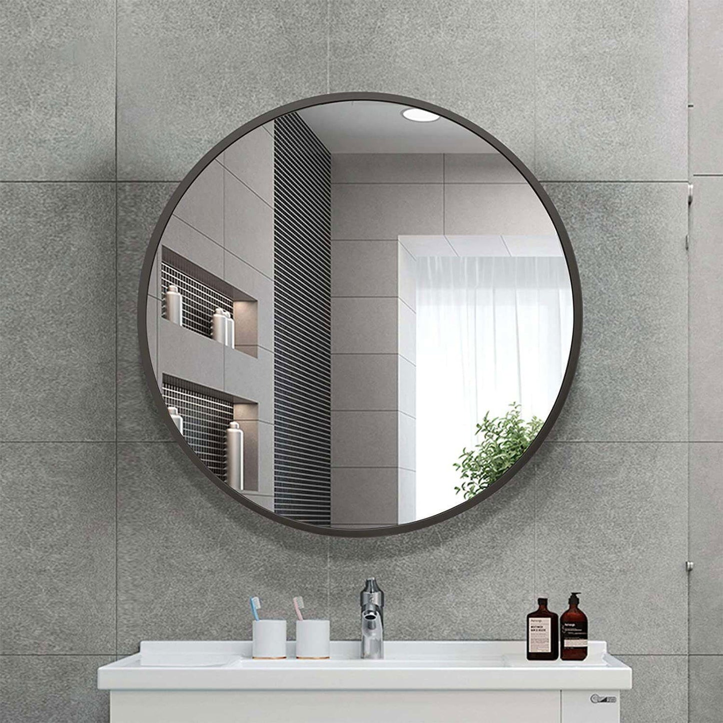 Elegant 24" Black Round Wall Mirror with Aluminum Frame - Rivour Home