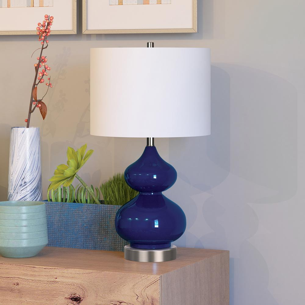 Elegant Navy Blue Double Gourd Table Lamp with Linen Shade - Rivour Home