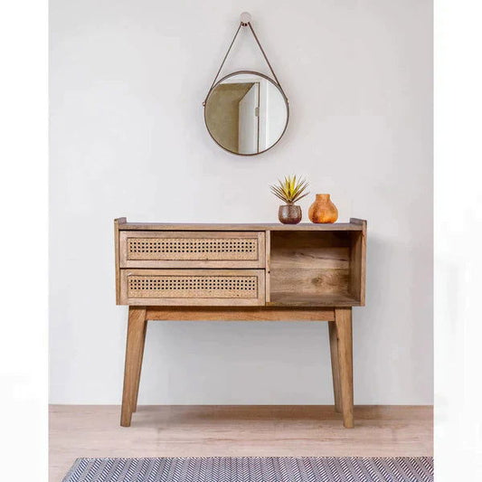 Mango Wood and Rattan Console Table with Drawers - Rivour Home