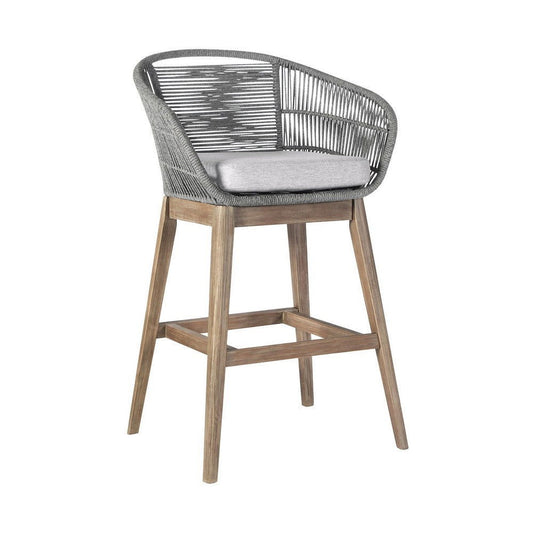 Mila Aged Teak Wood & Woven Regatta Rope Outdoor Bar Stool with Cushion - Rivour Home