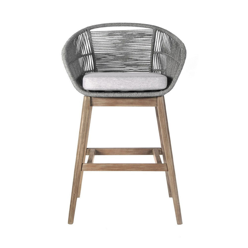 Mila Aged Teak Wood & Woven Regatta Rope Outdoor Bar Stool with Cushion - Rivour Home