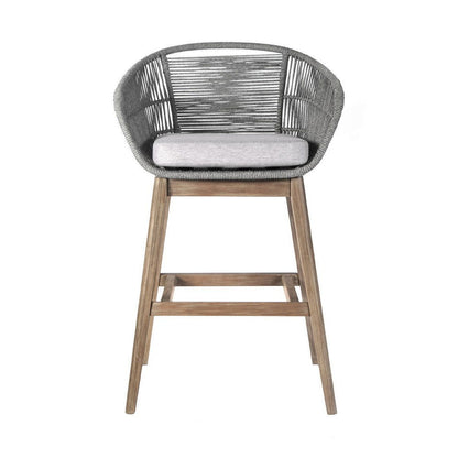 Mila Aged Teak Wood & Woven Regatta Rope Outdoor Bar Stool with Cushion - Rivour Home