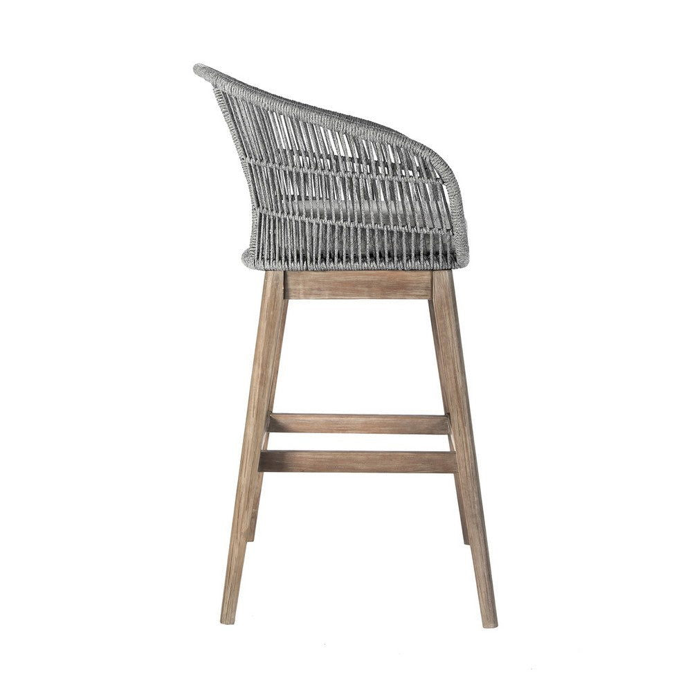 Mila Aged Teak Wood & Woven Regatta Rope Outdoor Bar Stool with Cushion - Rivour Home