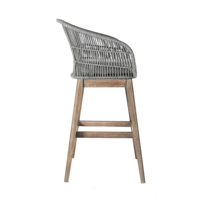 Mila Aged Teak Wood & Woven Regatta Rope Outdoor Bar Stool with Cushion - Rivour Home
