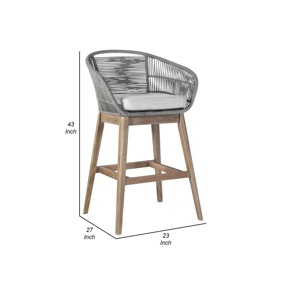 Mila Aged Teak Wood & Woven Regatta Rope Outdoor Bar Stool with Cushion - Rivour Home