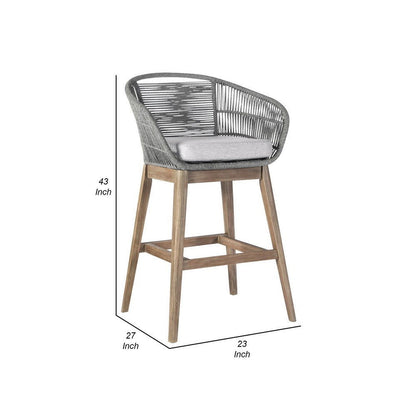 Mila Aged Teak Wood & Woven Regatta Rope Outdoor Bar Stool with Cushion - Rivour Home