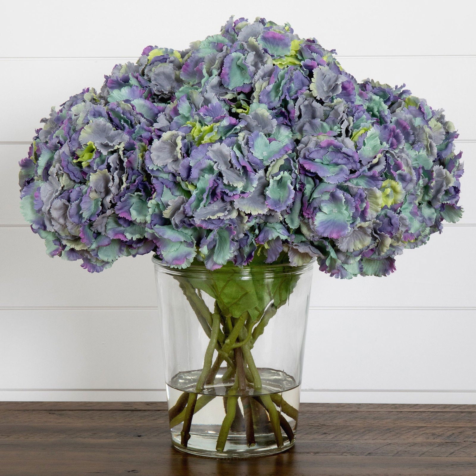 Signature Collection 18” Blooming Hydrangea Artificial Arrangement in Glass Vase - Rivour Home